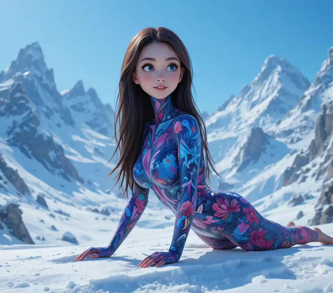 Joyful 3D cartoon animals in a snowy mountain landscape