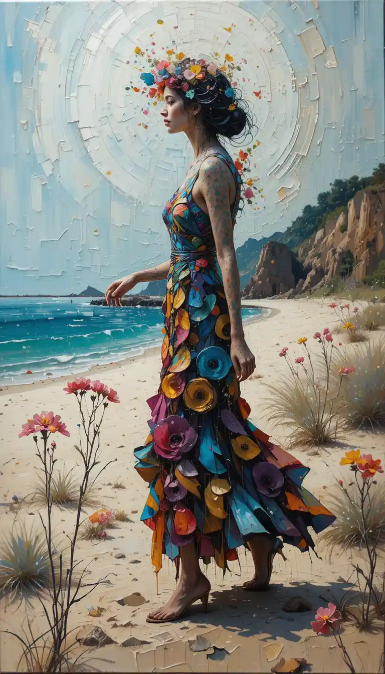 Abstract beach painting with joyful distant woman in sand