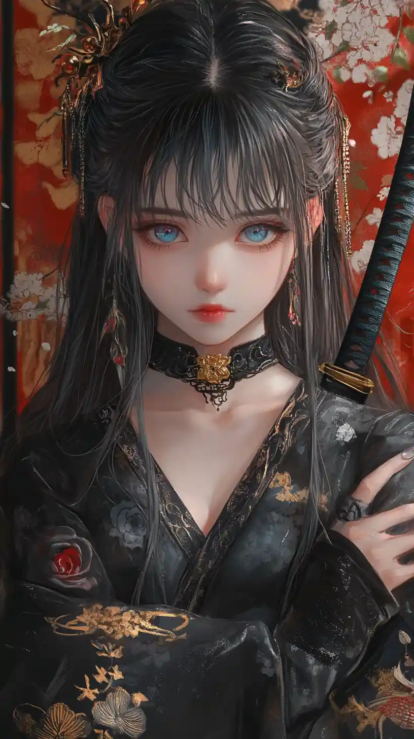 Tattooed anime girl in black kimono with katana hilt