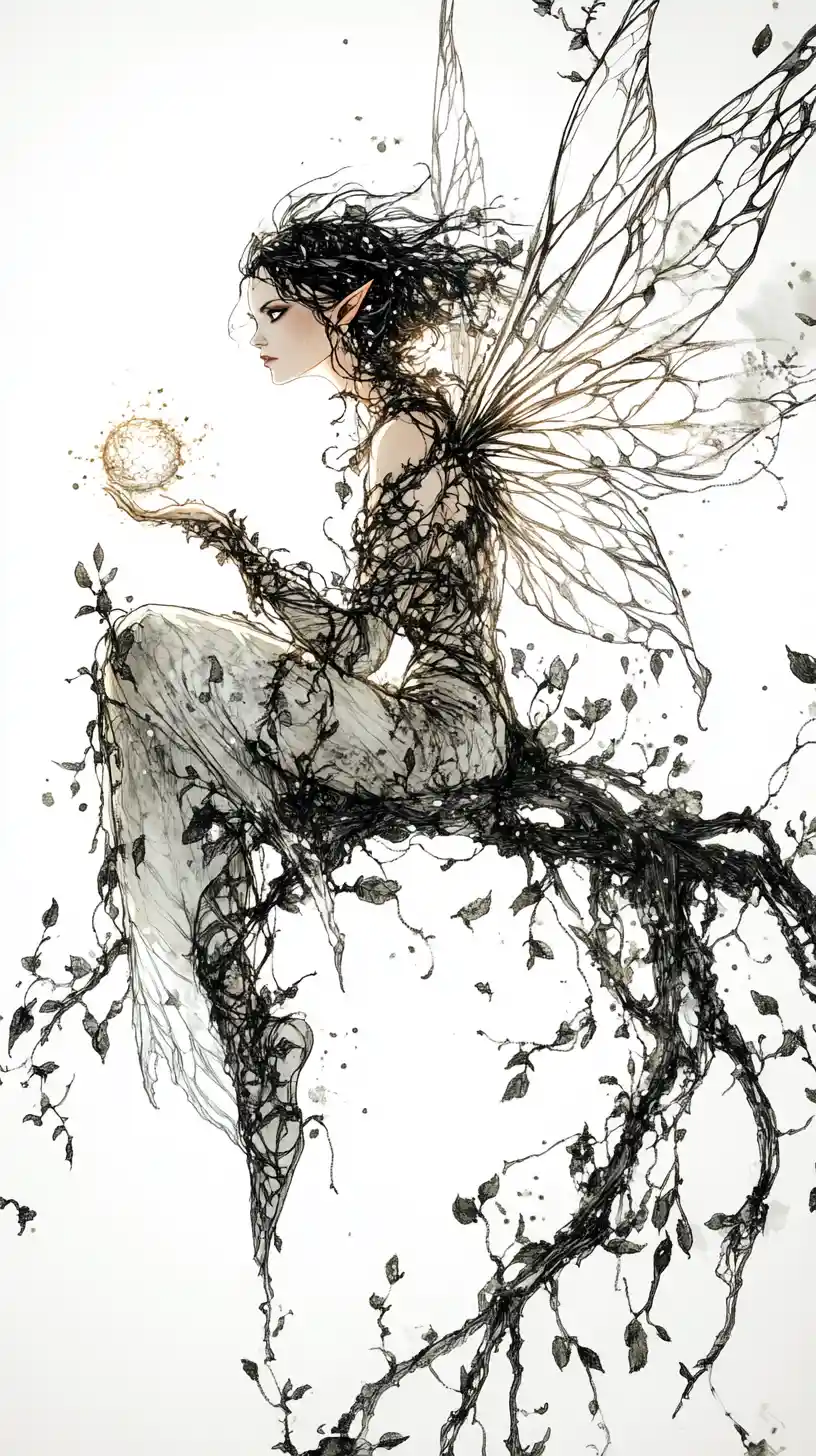 Fierce fairy guarding a glowing orb on a thorny branch
