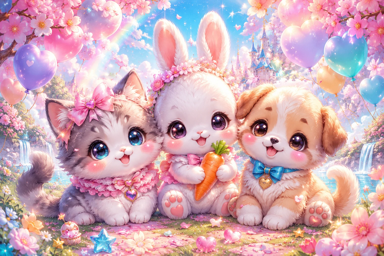 Kawaii chibi kitten rabbit and puppy under cherry blossoms