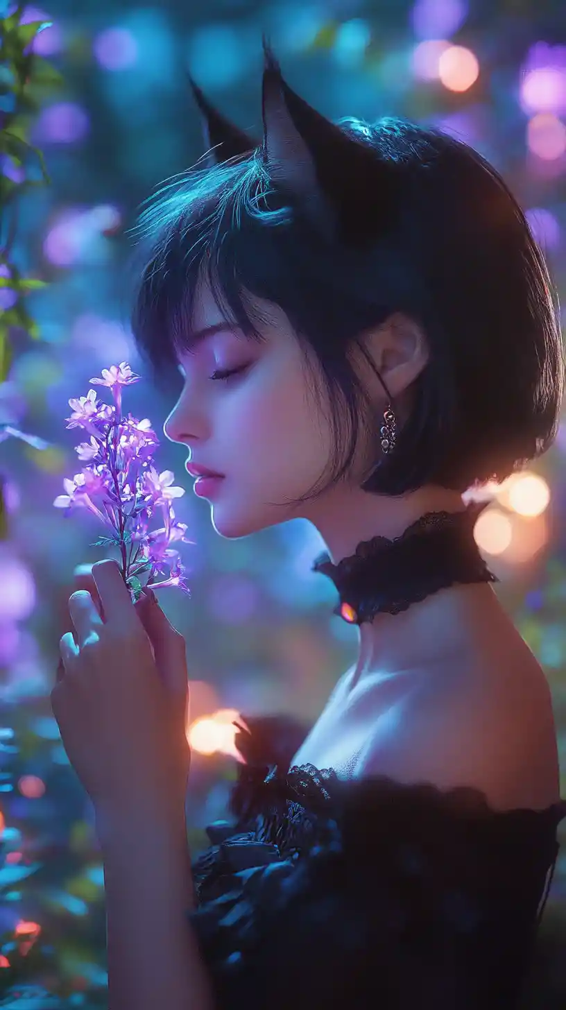 Anime girl holding a glowing purple flower in forest