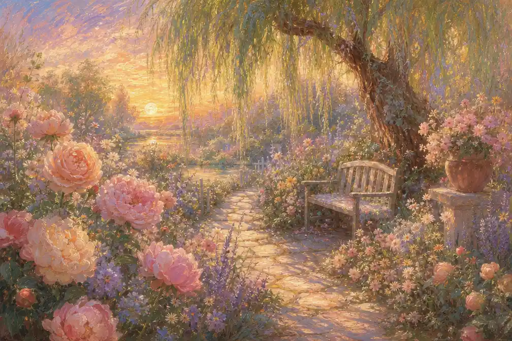 Sunlit flower garden with winding path and willow tree