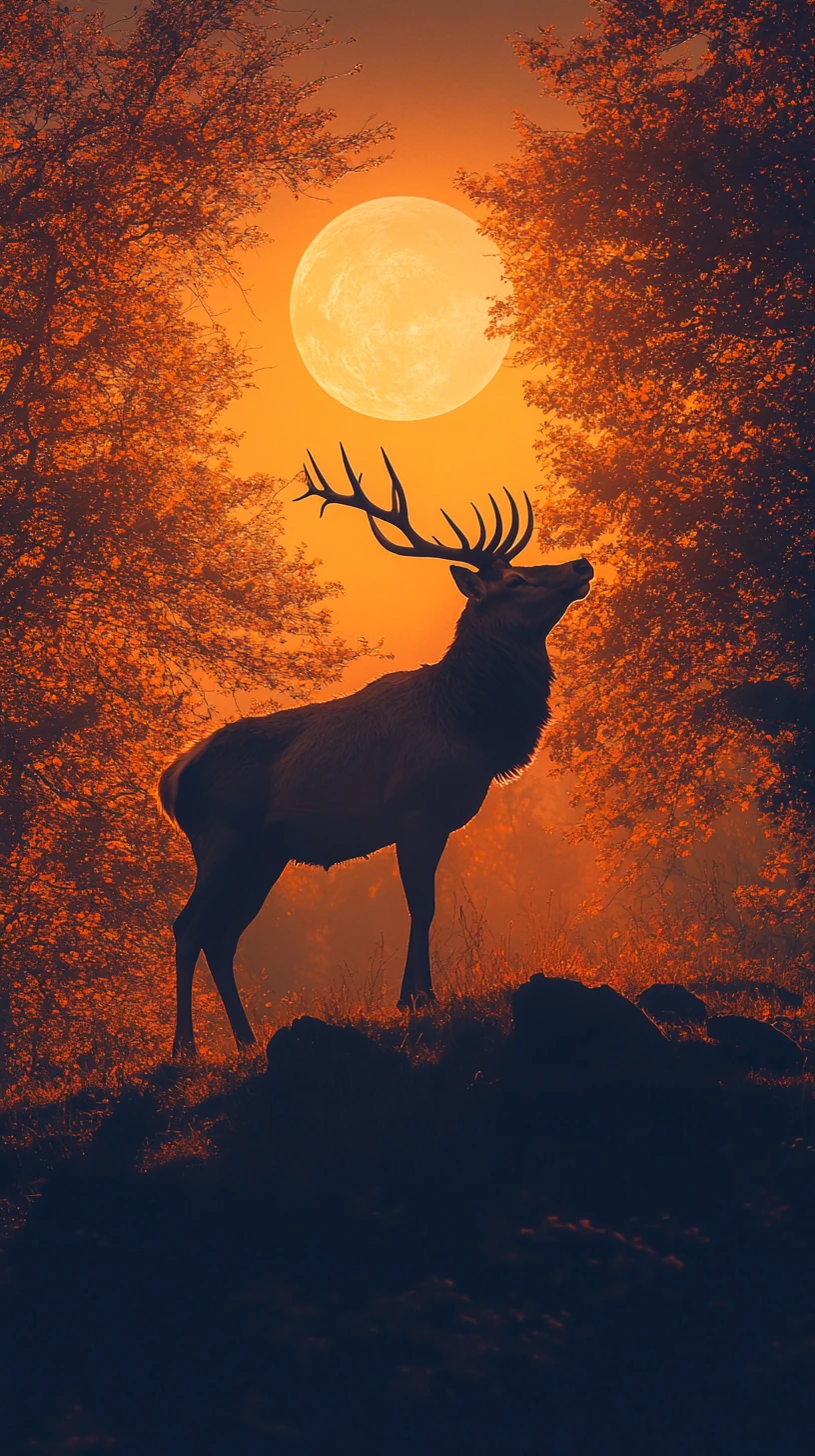 Silhouetted stag on ridge against glowing autumn forest sun