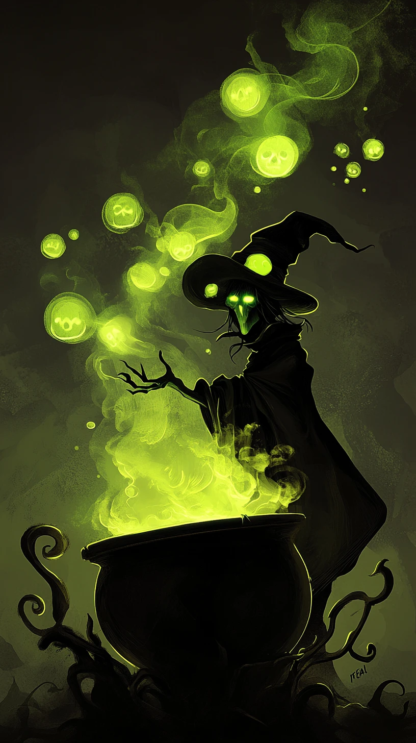 Ghostly figure rising from a witchs bubbling cauldron