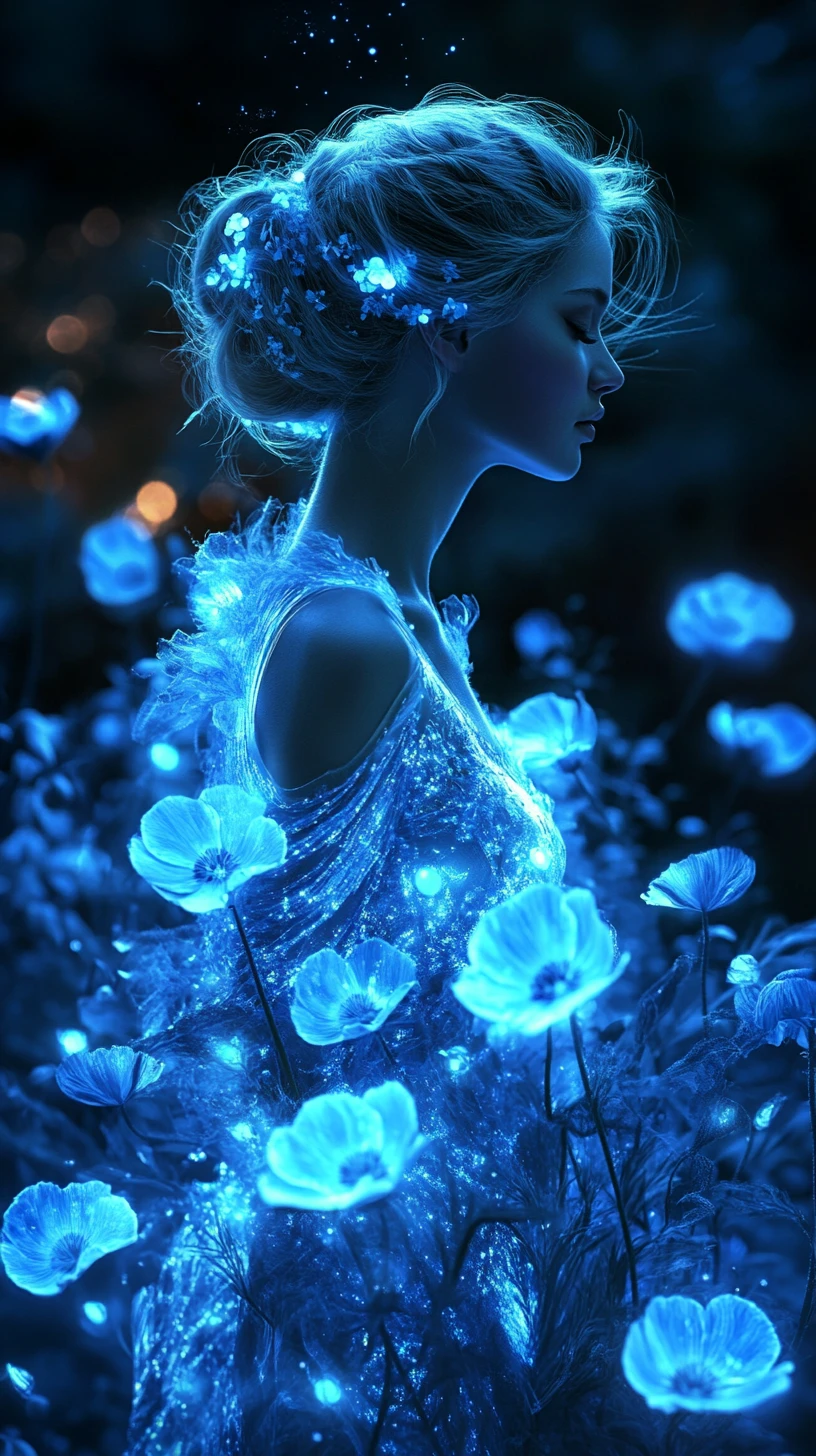 Enchanted woman in blue gown amid glowing fantasy poppies