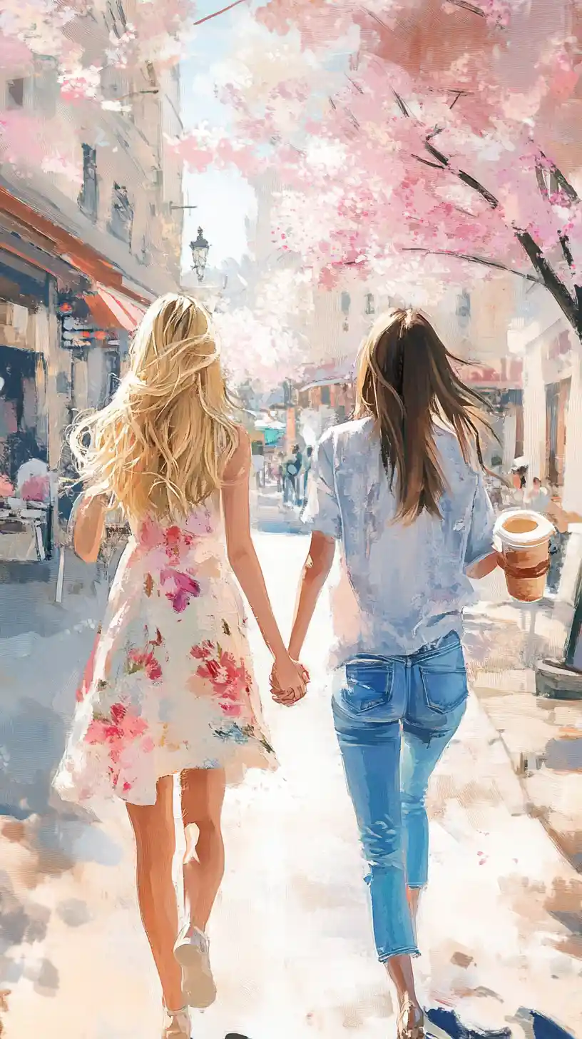 Two women holding hands on a chic parisian street