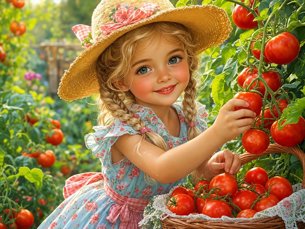 Cute blonde girl harvesting tomatoes in a close up illustration