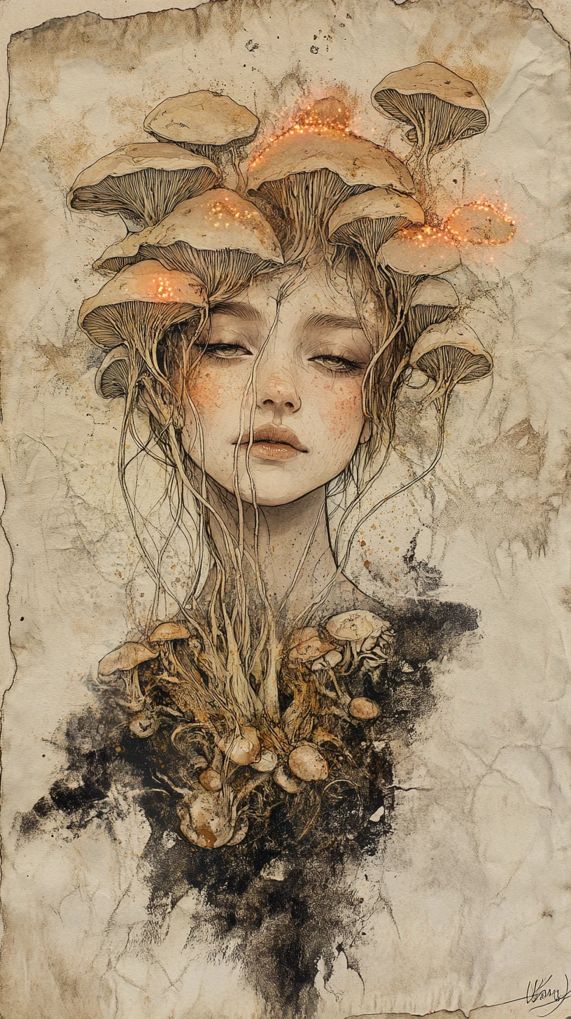 Melancholic Girl With Fungal Face Holding Glowing Spores