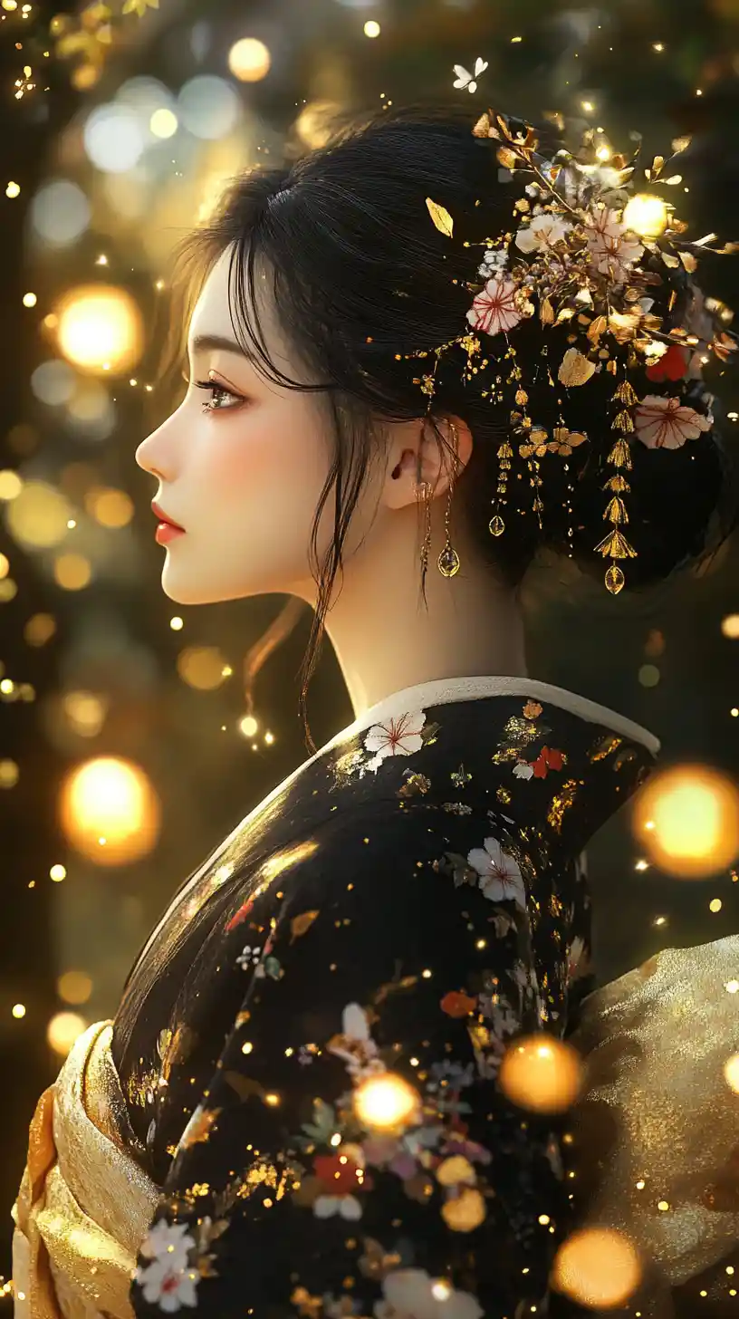 Elegant anime woman in kimono amid glowing forest lights