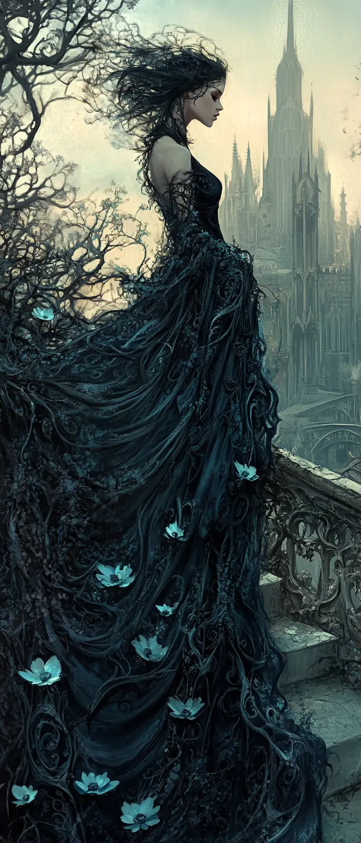 Gothic woman in flowing gown on ancient stone stairs