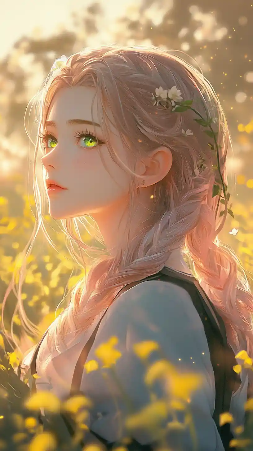 Anime girl in a yellow flower field at golden hour