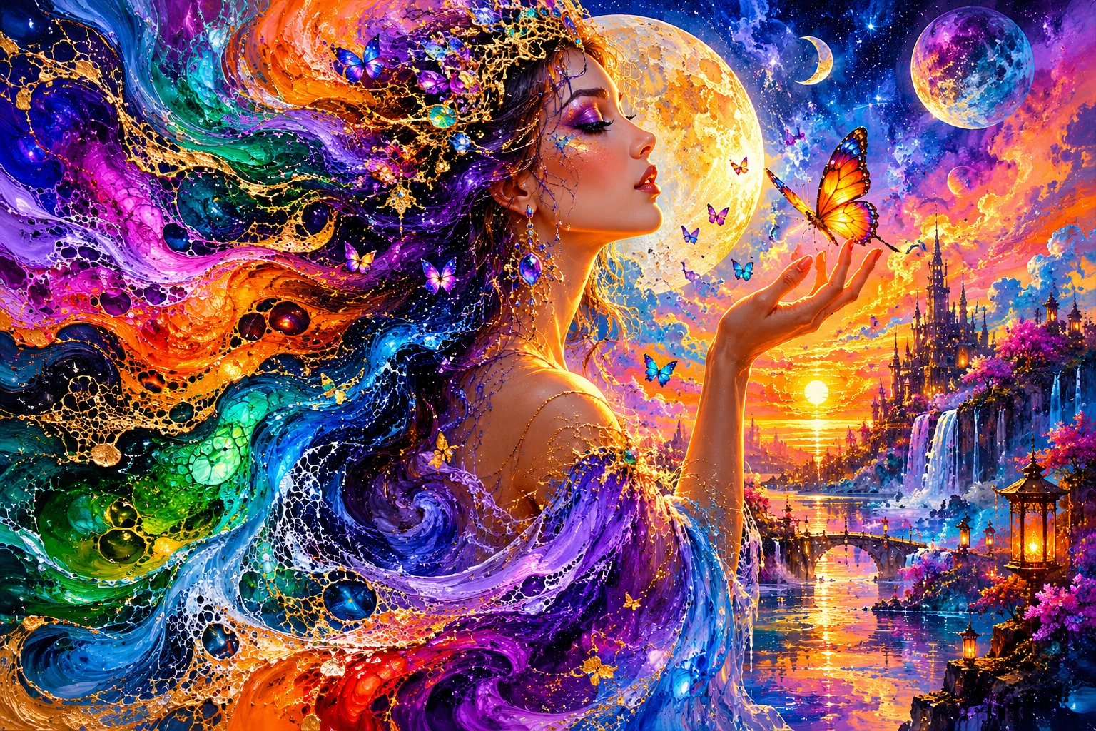 Pintura fluida em acrílico vibrante com células coloridas em espiral