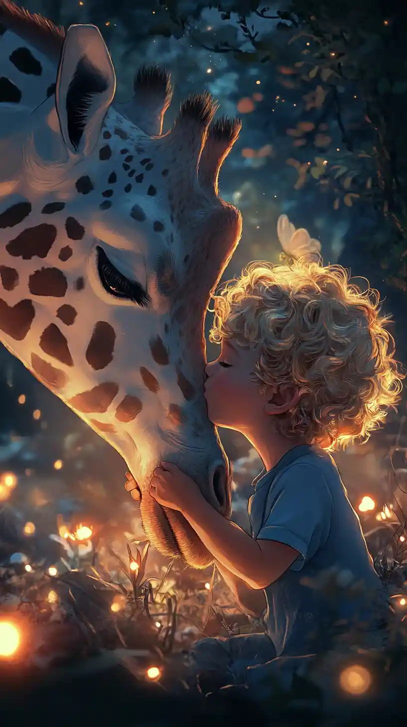 Boy resting against giraffe in glowing fantasy forest
