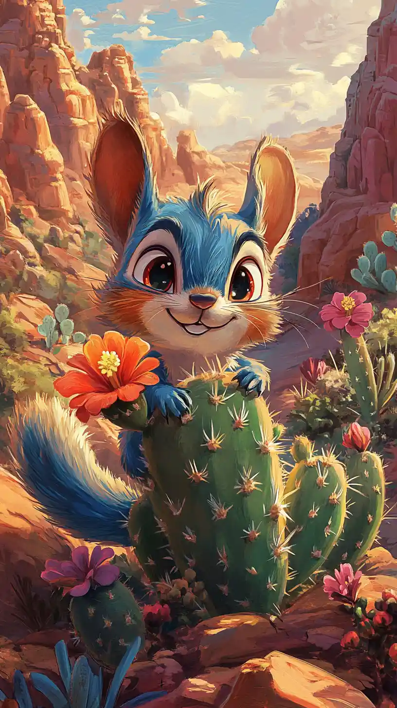 Scoiattolo blu cartoon che abbraccia un cactus in un deserto colorato
