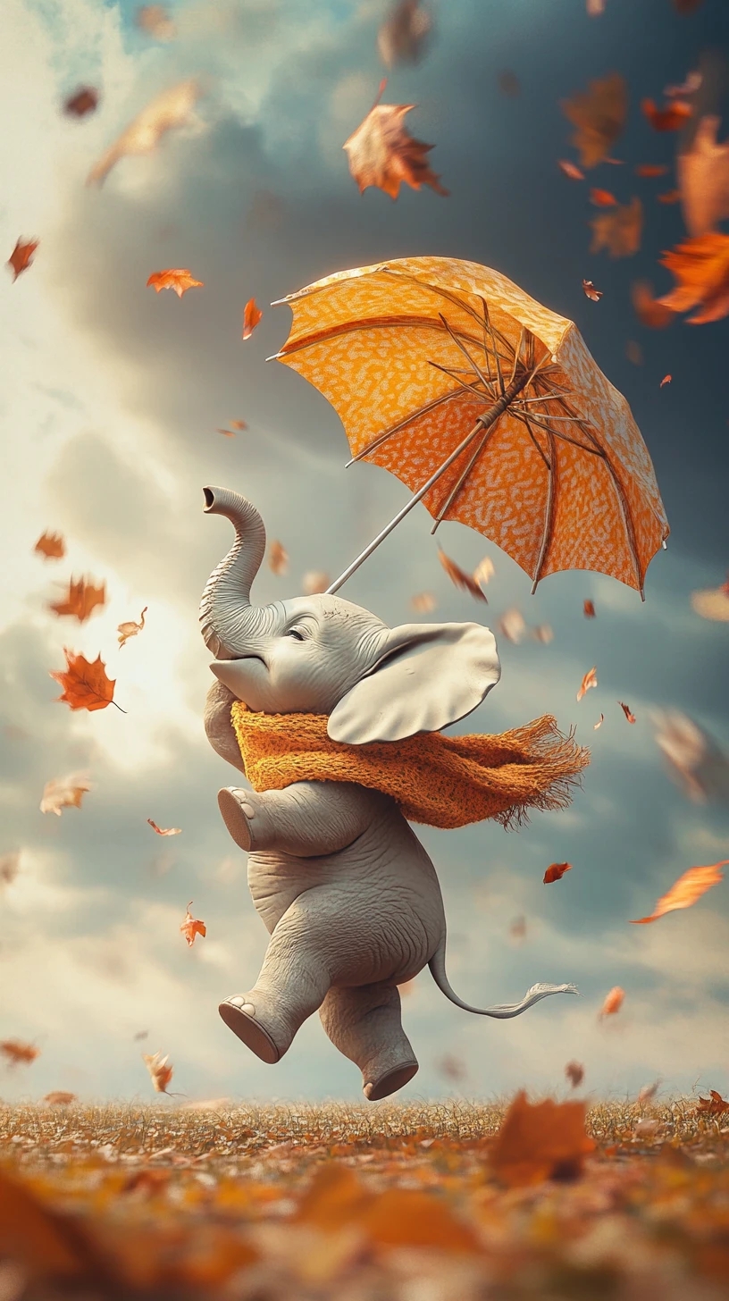 Small elephant flying in the wind with an inside out umbrella
