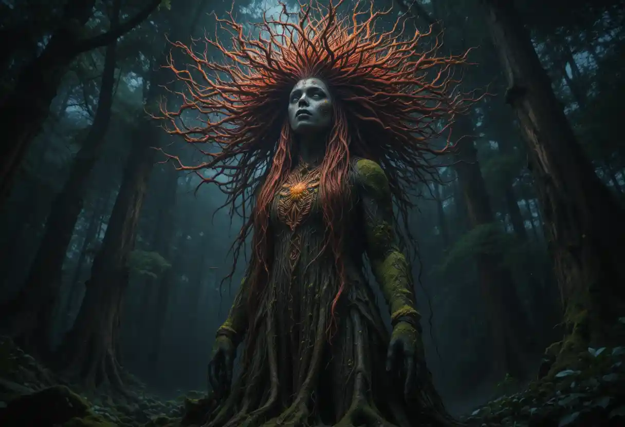 Ancient nature woman towering in a moonlit primeval forest