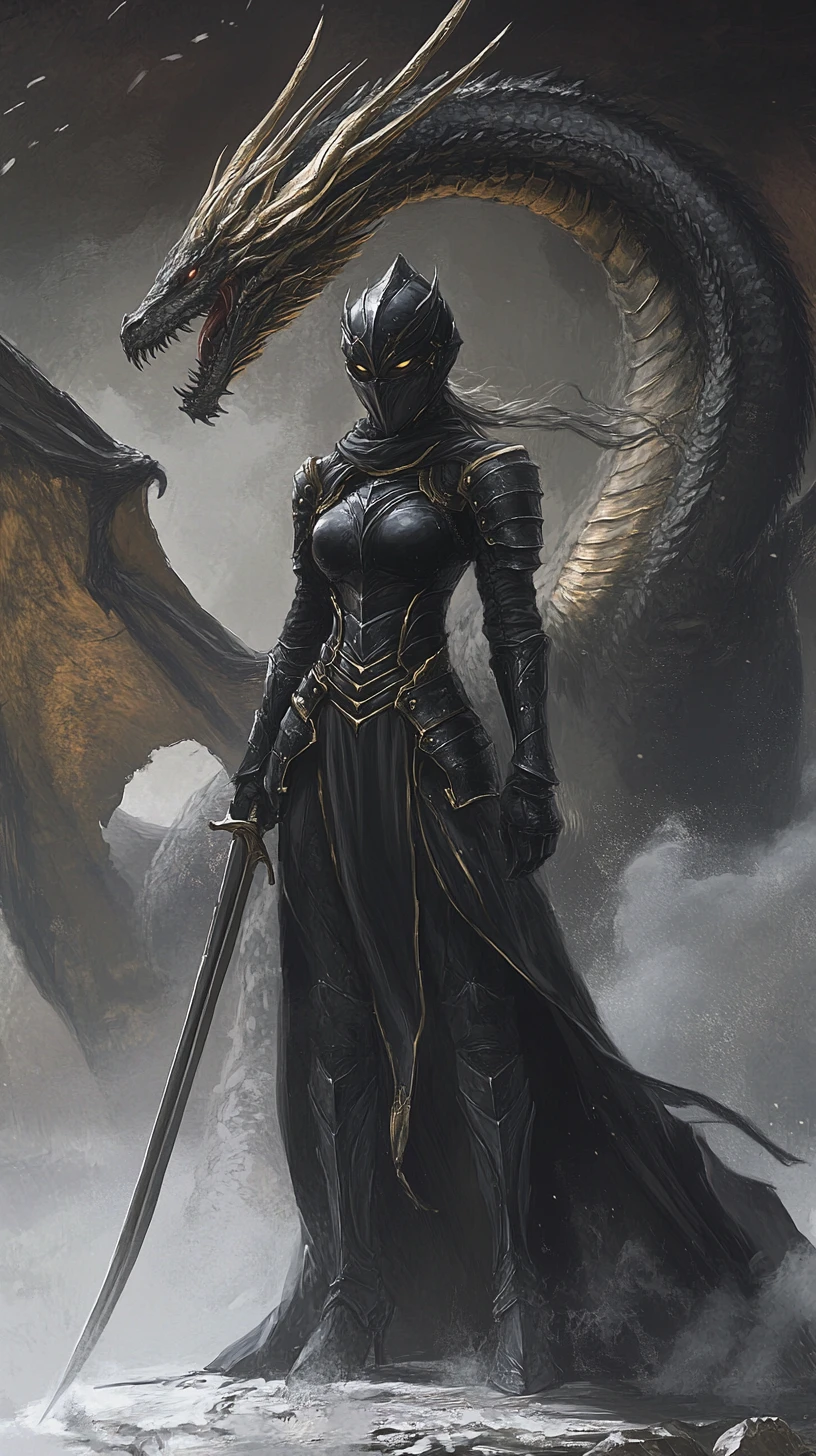 Armored warrior woman before a colossal coiled dragon