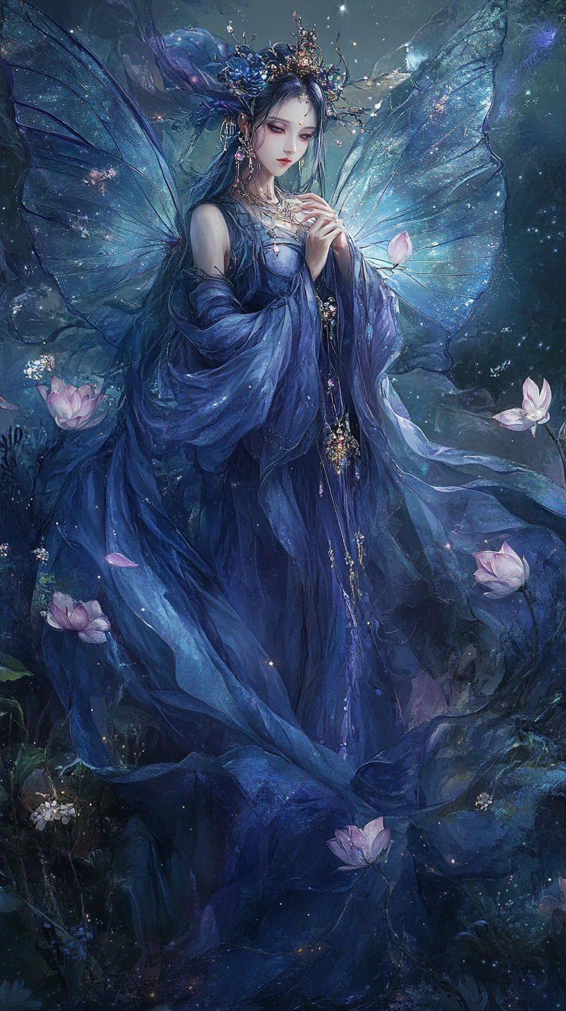 Fantasy fairy woman with lotus flowers and misty wings