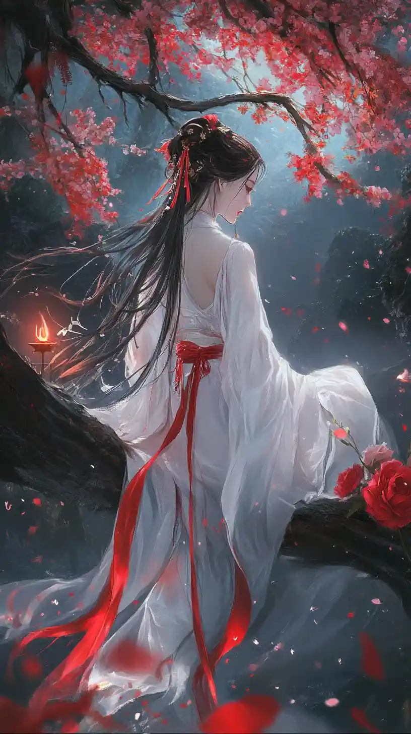 Woman in white hanfu beneath glowing cherry blossoms