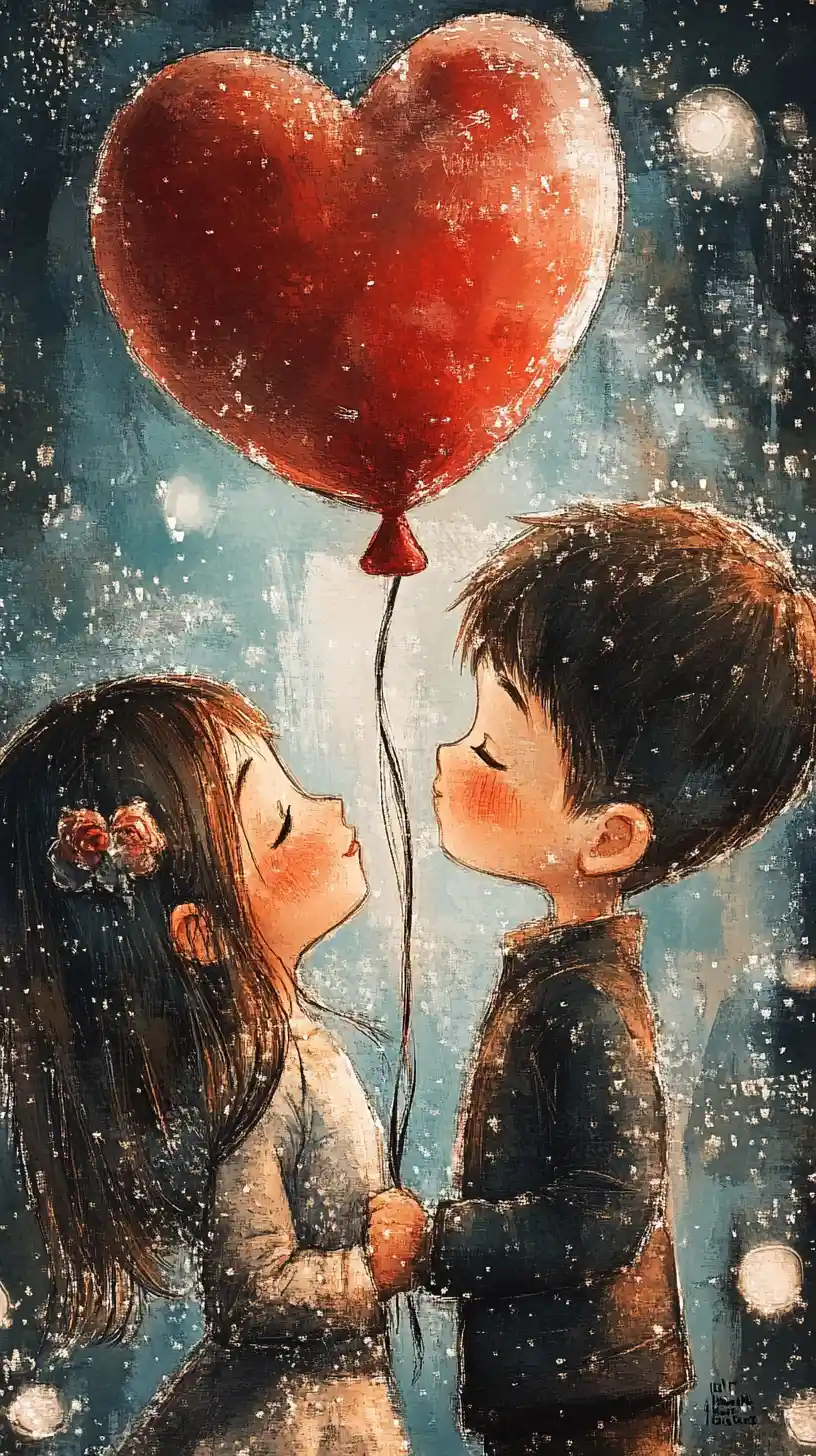 Romantic close up of boy and girl with red heart balloon