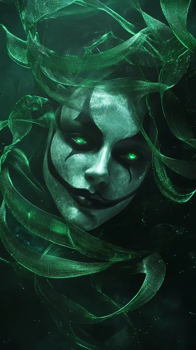Harlequin Portrait Wrapped In Glowing Green Energy Ribbons