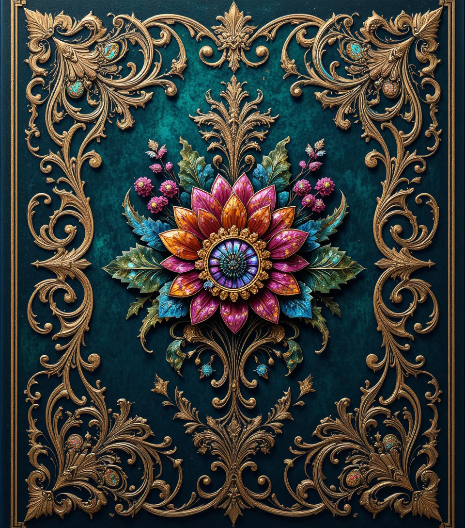 Ornate paisley Victorian book cover with golden floral centerpiece