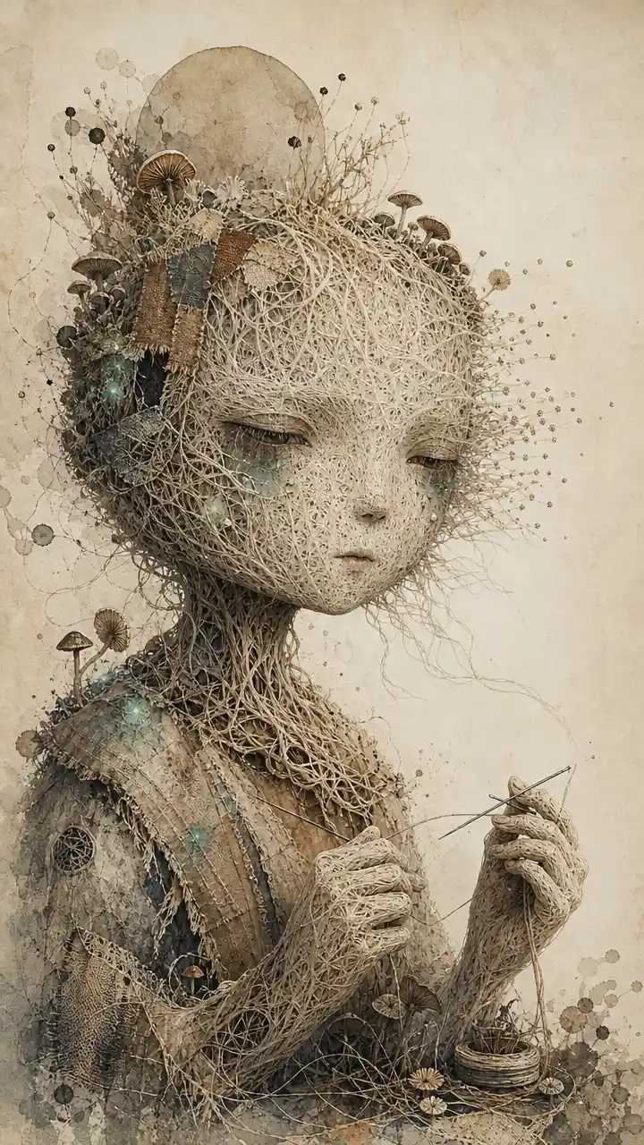 Melancholic mycelium girl portrait in mixed media illustration