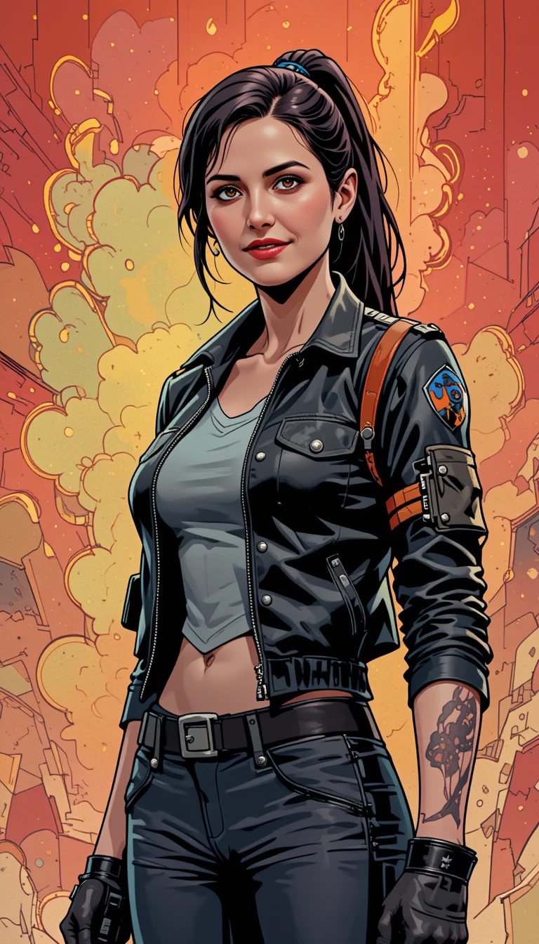 Tech savvy young woman in black leather flight jacket