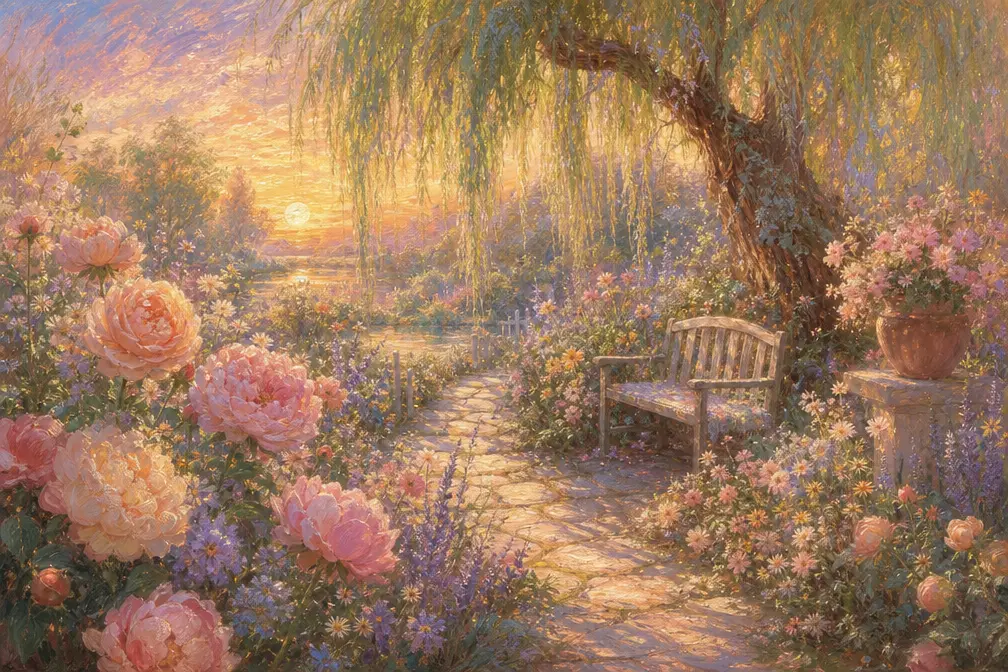 Sunlit flower garden with winding path and willow tree