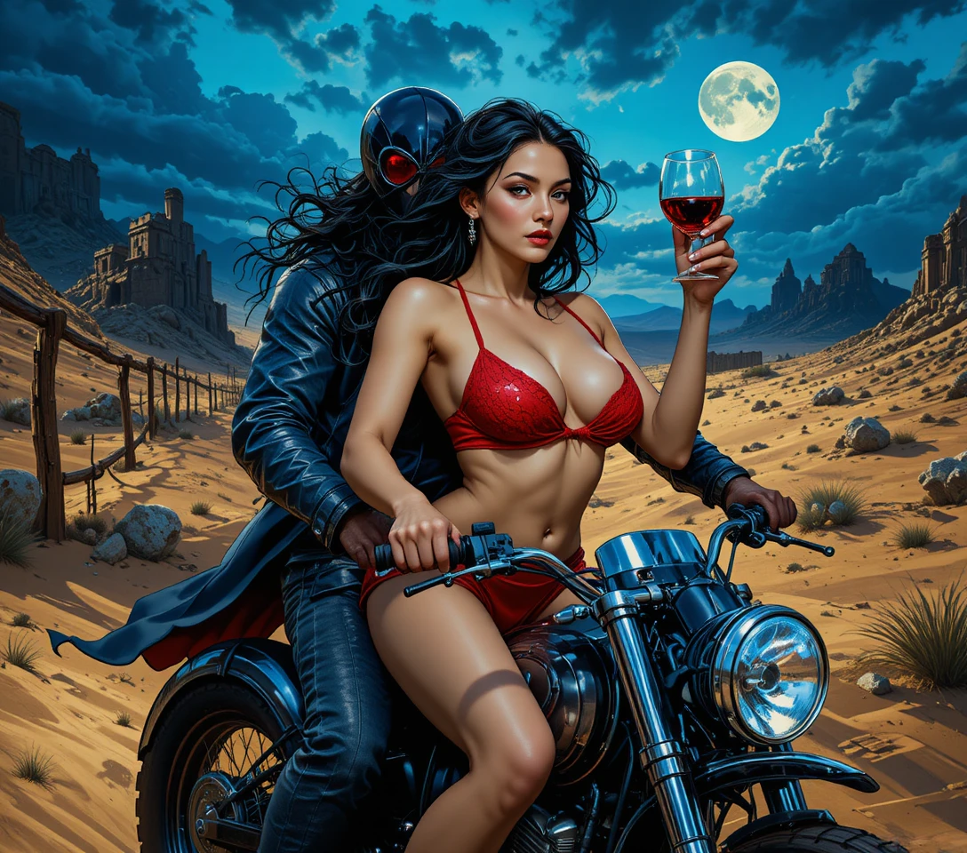 Couple riding an ATV across a vast desert landscape