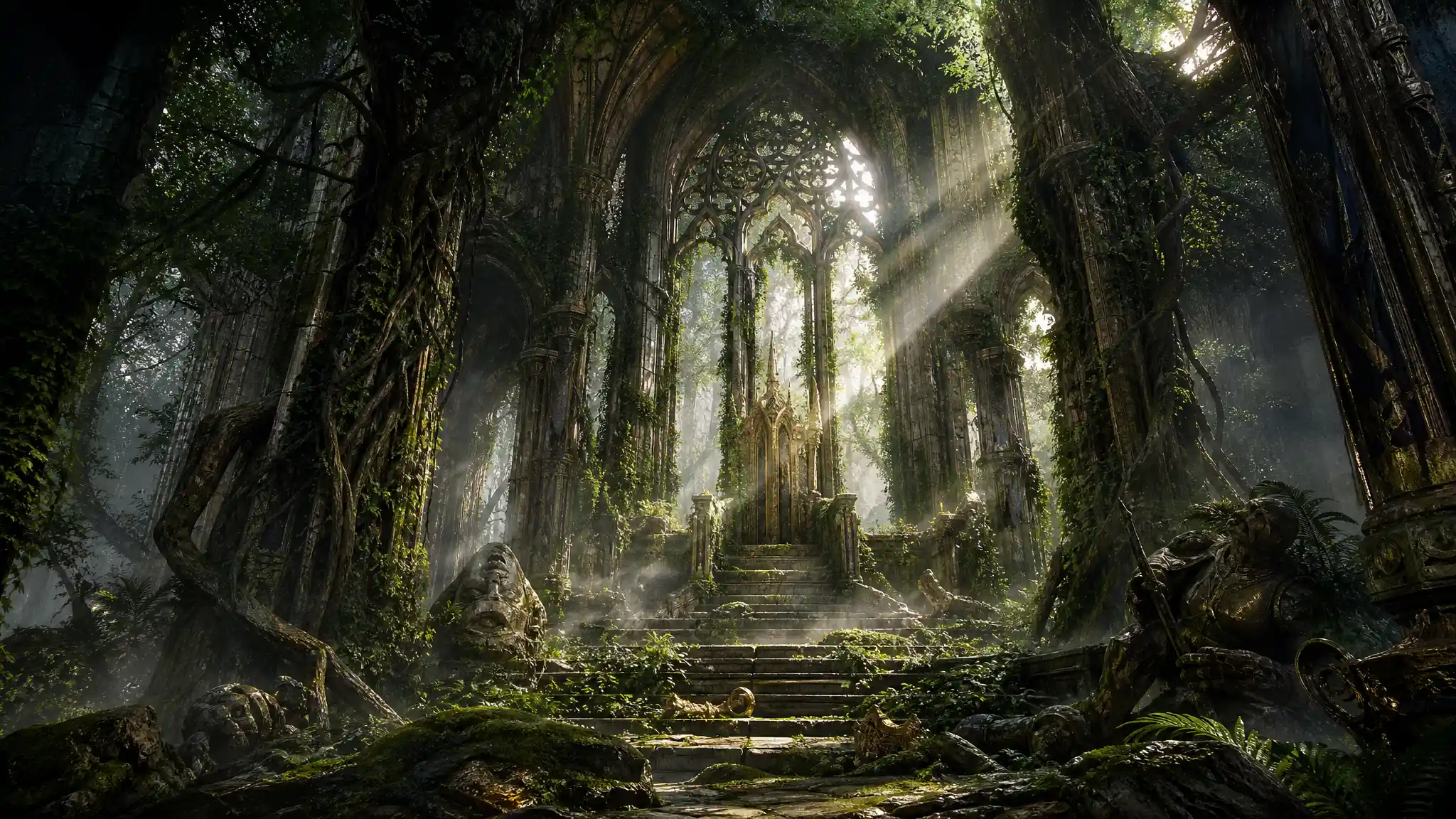 Overgrown imperial throne room bathed in soft sunlight