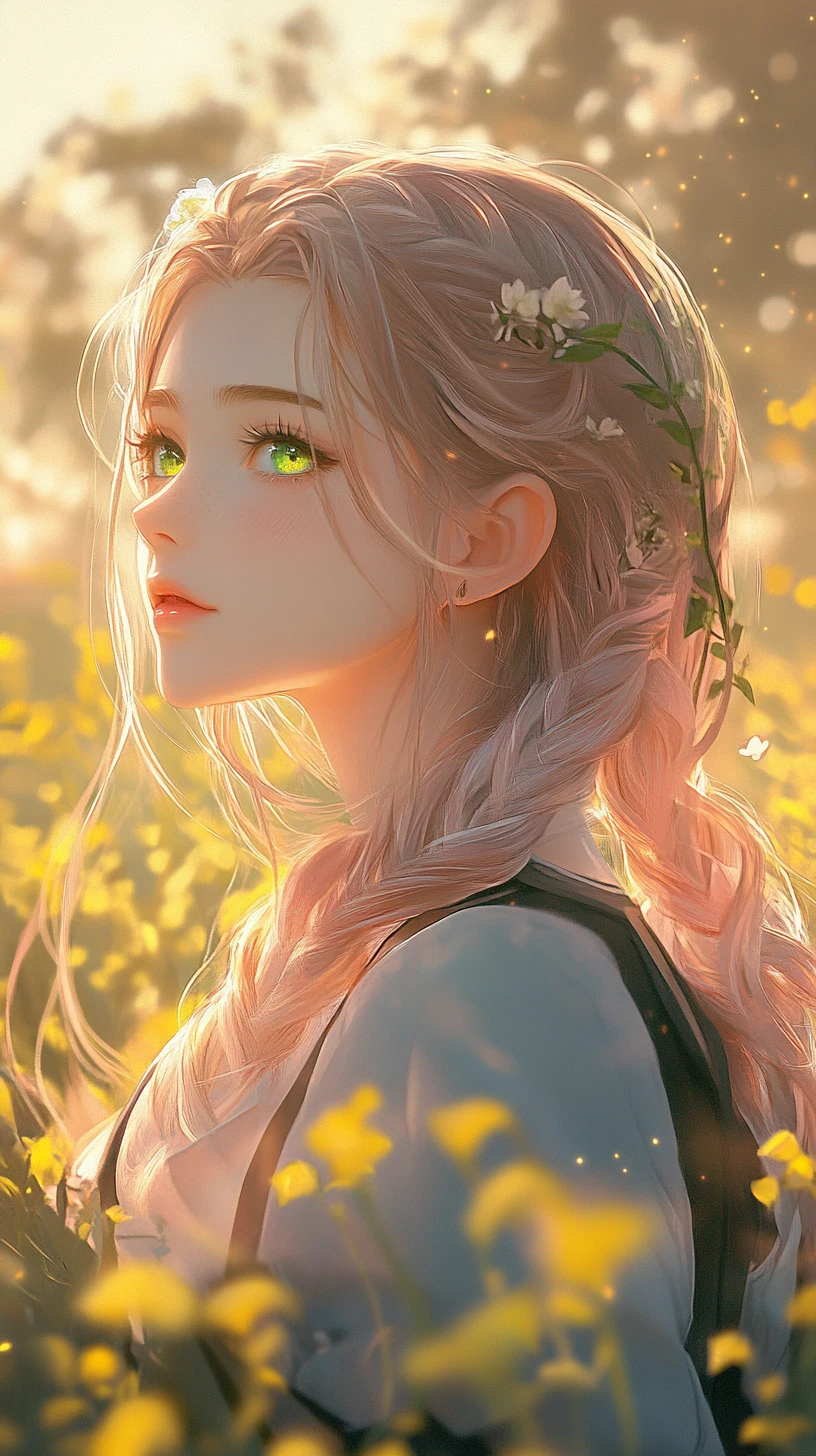Anime girl in a yellow flower field at golden hour