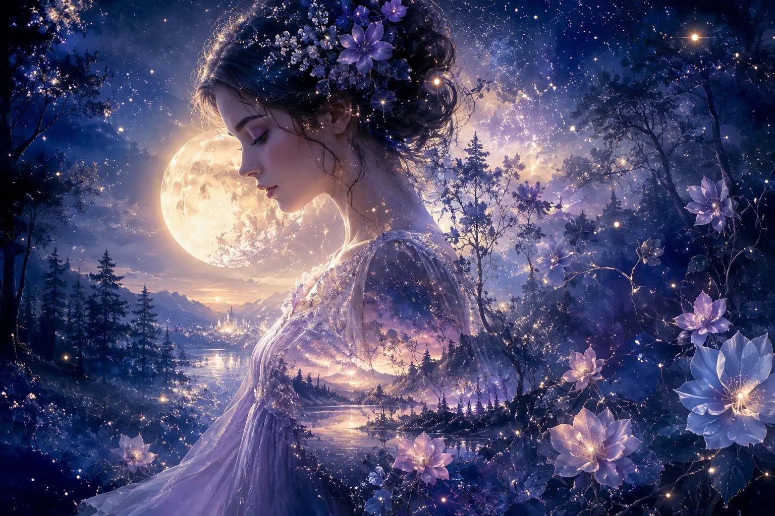 Dreamy double exposure girl with moonlit forest