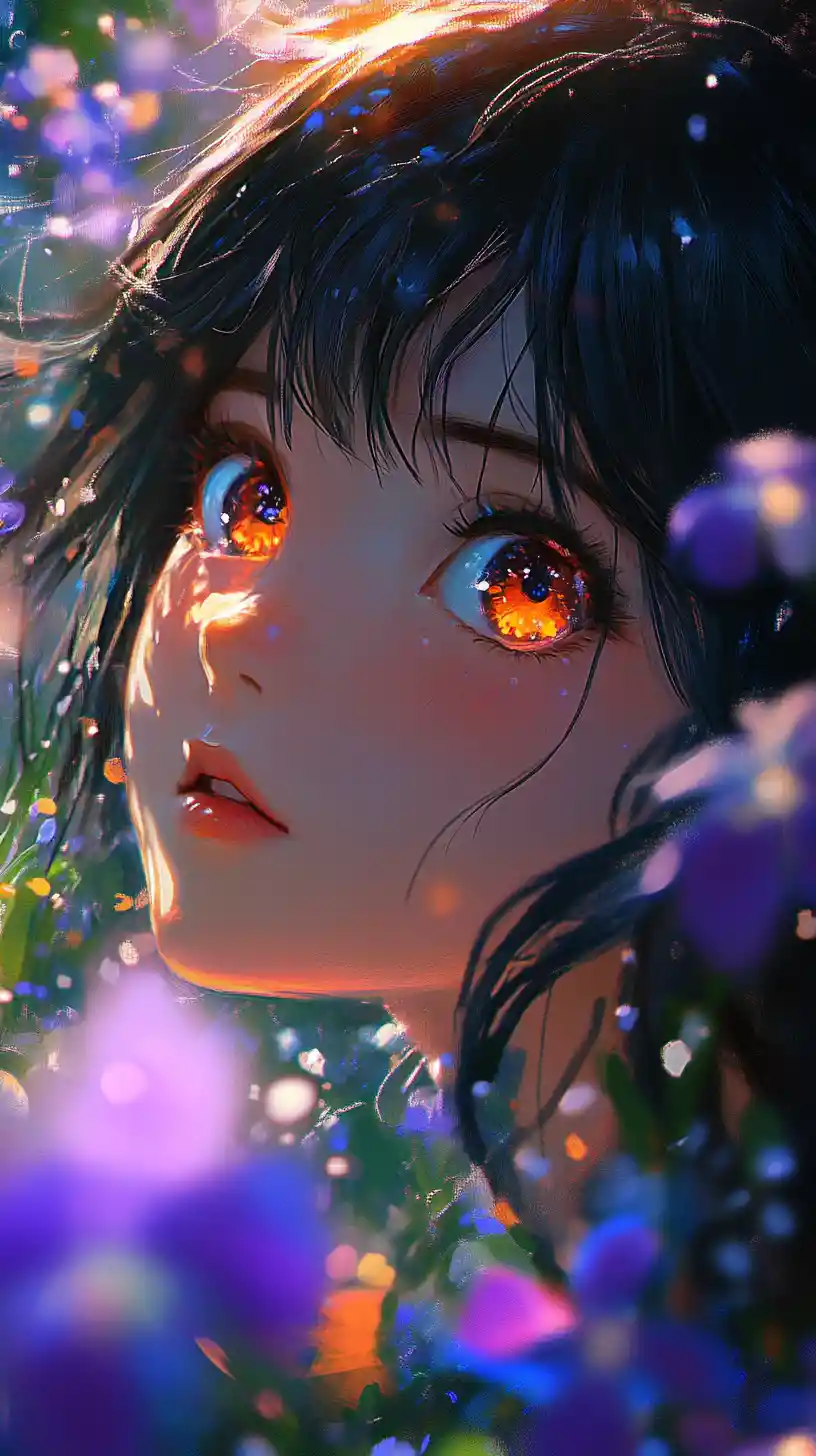 Anime girl portrait in a glowing flower garden