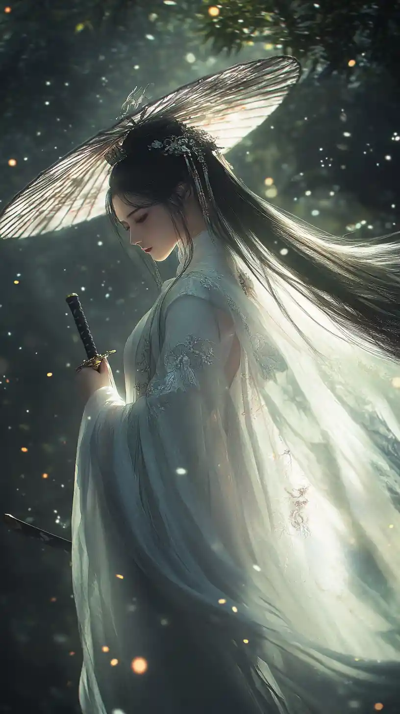 Ancient Chinese woman warrior in a glowing forest