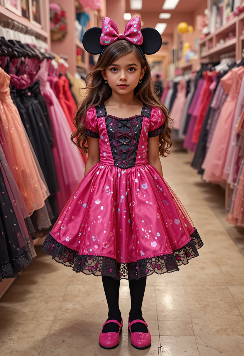 Hispanic tween in hot pink Minnie dress and mouse ears