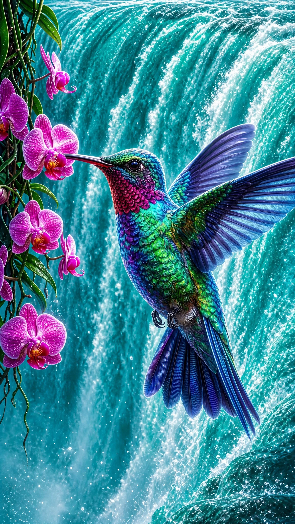 Vibrant hummingbird before orchids and turquoise waterfall
