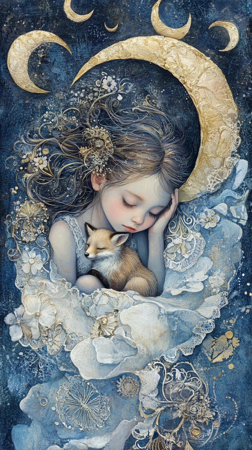 Child Sleeping Among Crescent Moons With Baby Fox