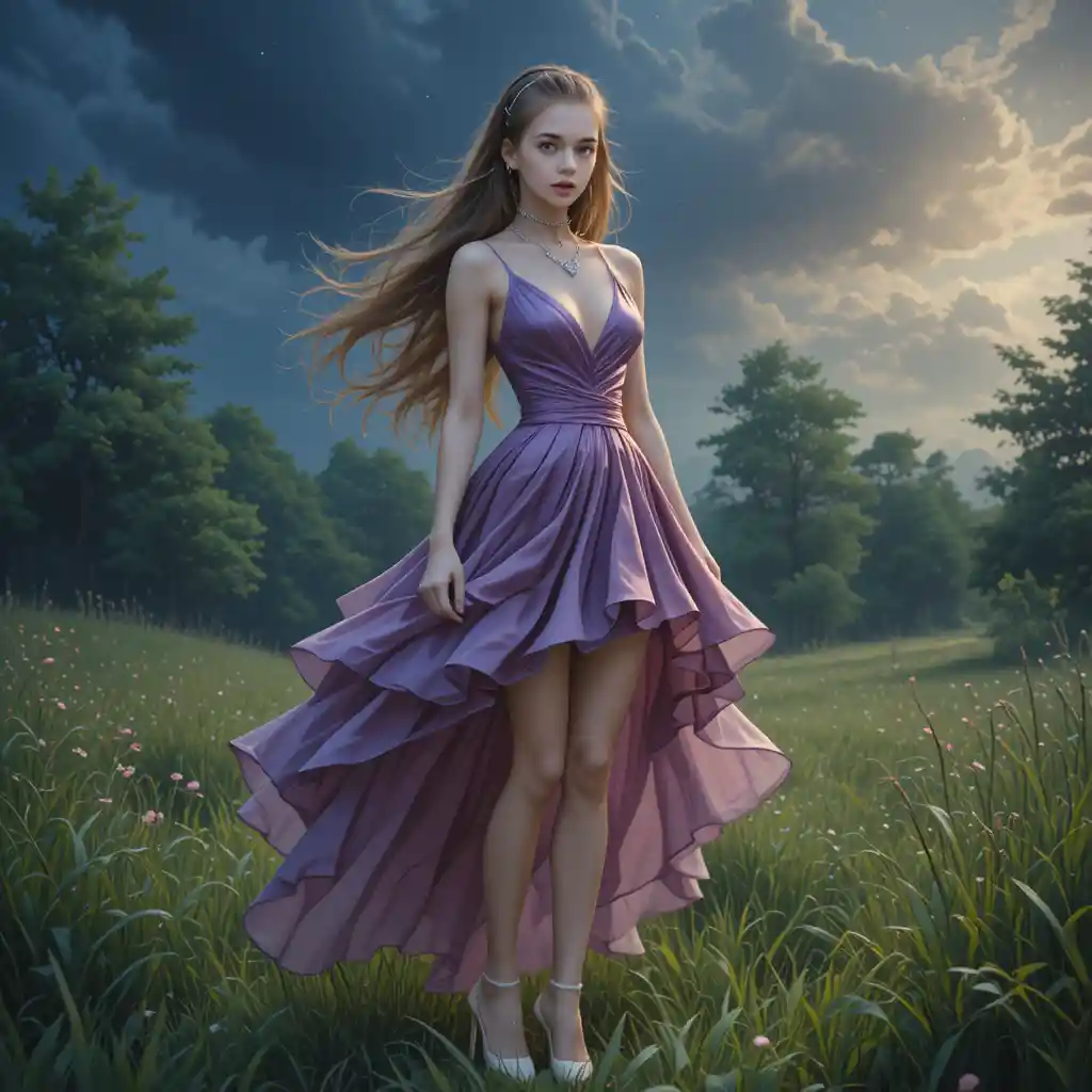 Young woman in purple satin dress in green field