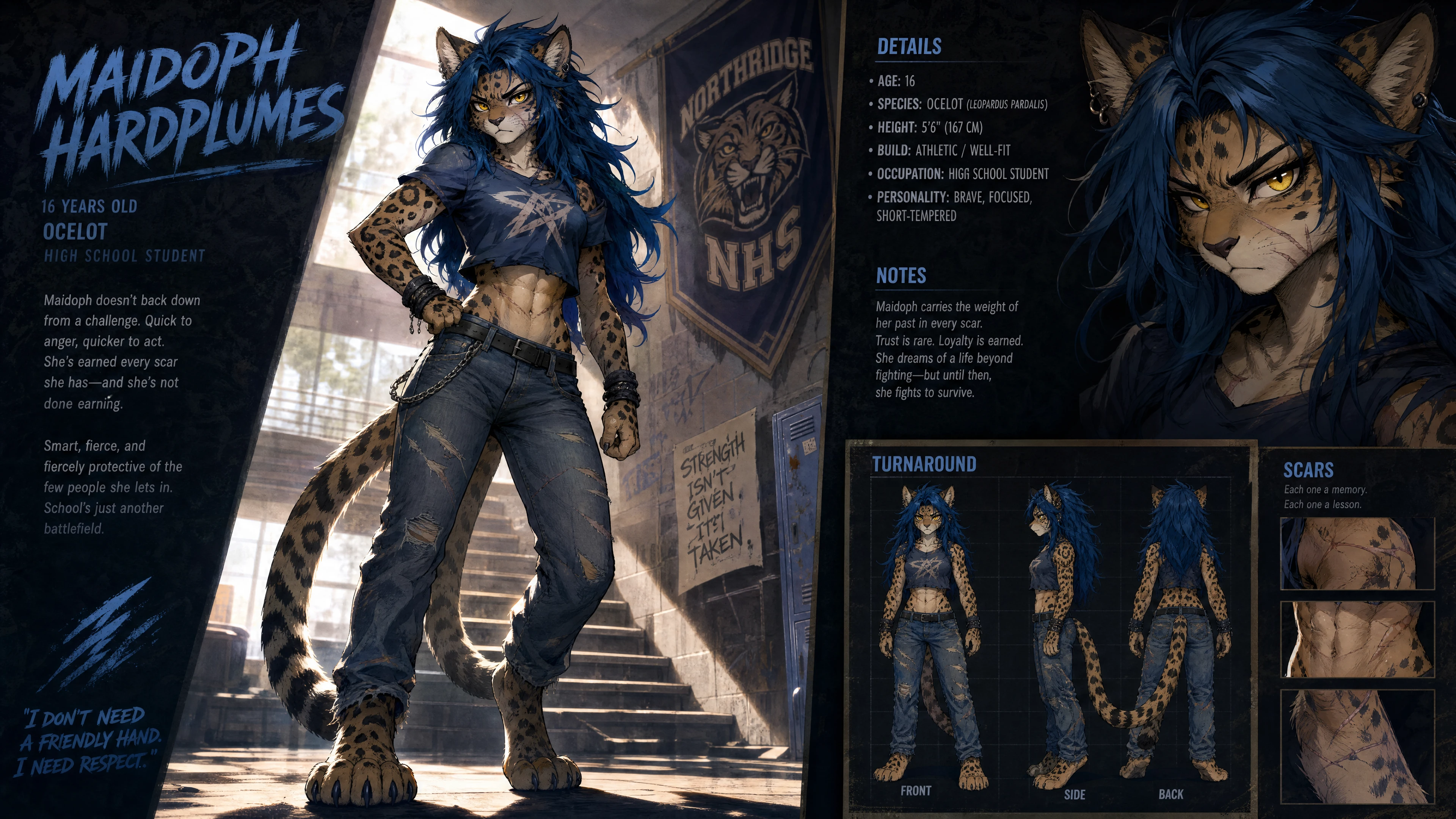 Scarred ocelot girl with blue hair and sharp abs