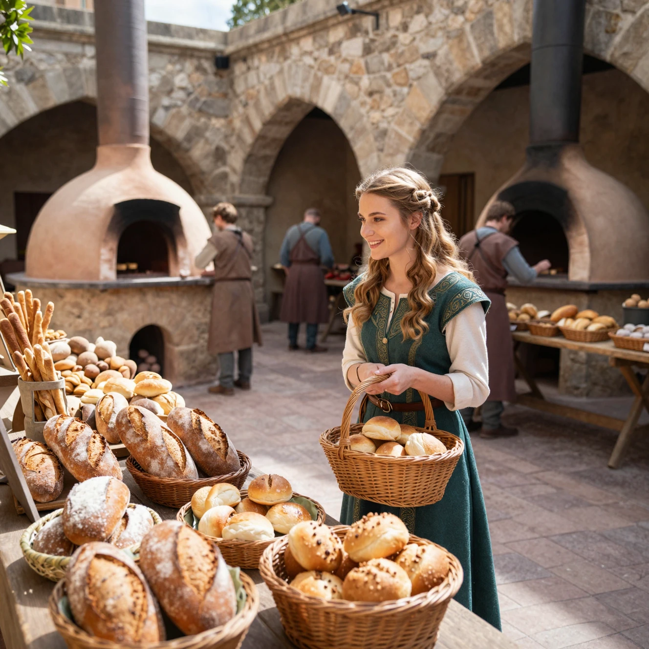 Donna fantasy che osserva il pane in un cortile di panetteria illuminato dal sole
