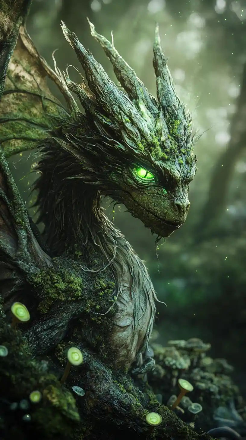 Dragon warrior emerging from a mystical enchanted forest