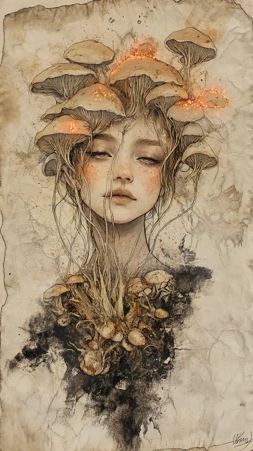 Melancholic Girl With Fungal Face Holding Glowing Spores