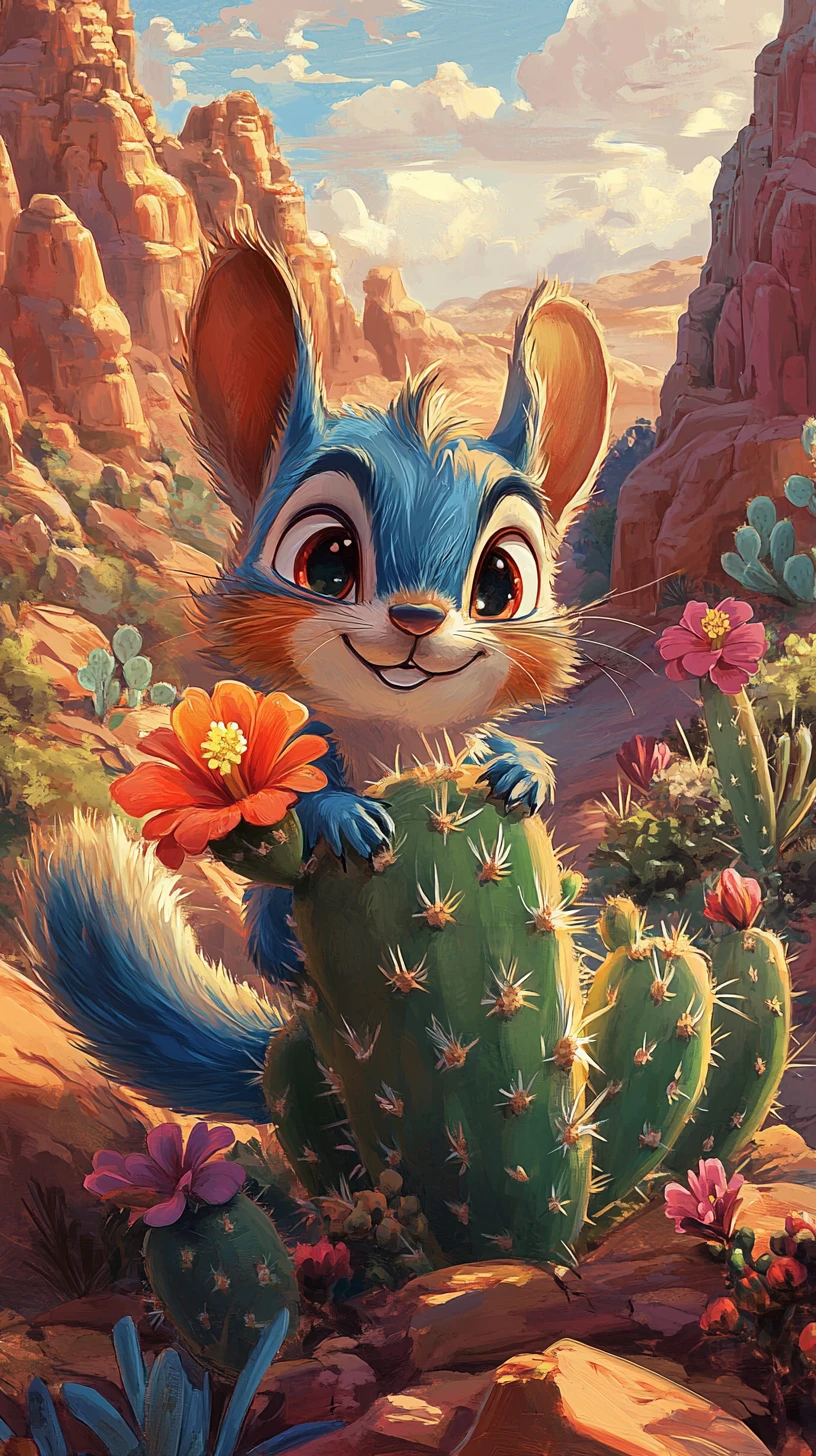 Blue cartoon chipmunk hugging cactus in colorful desert