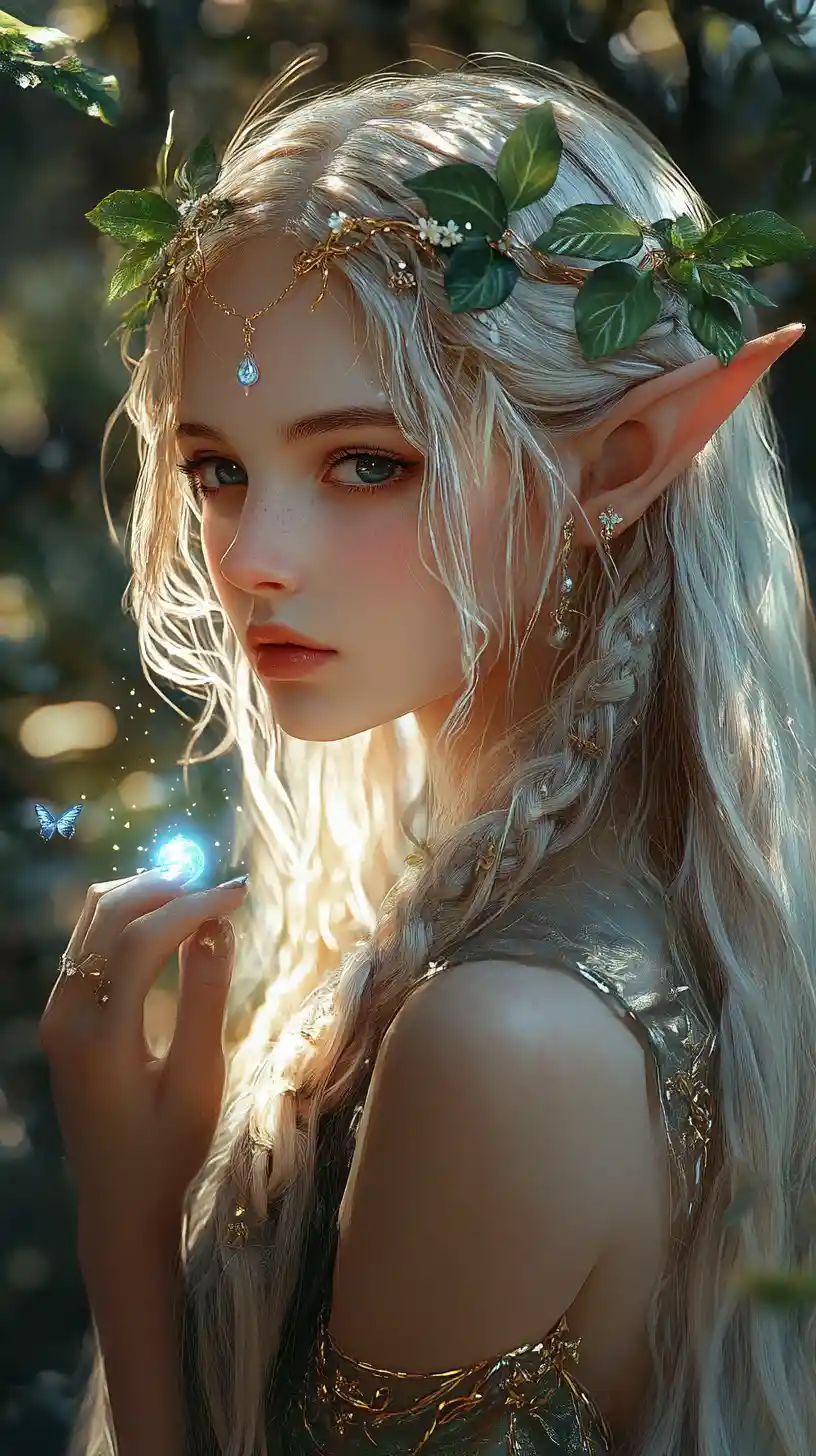 Ethereal elf woman holding glowing blue light in forest