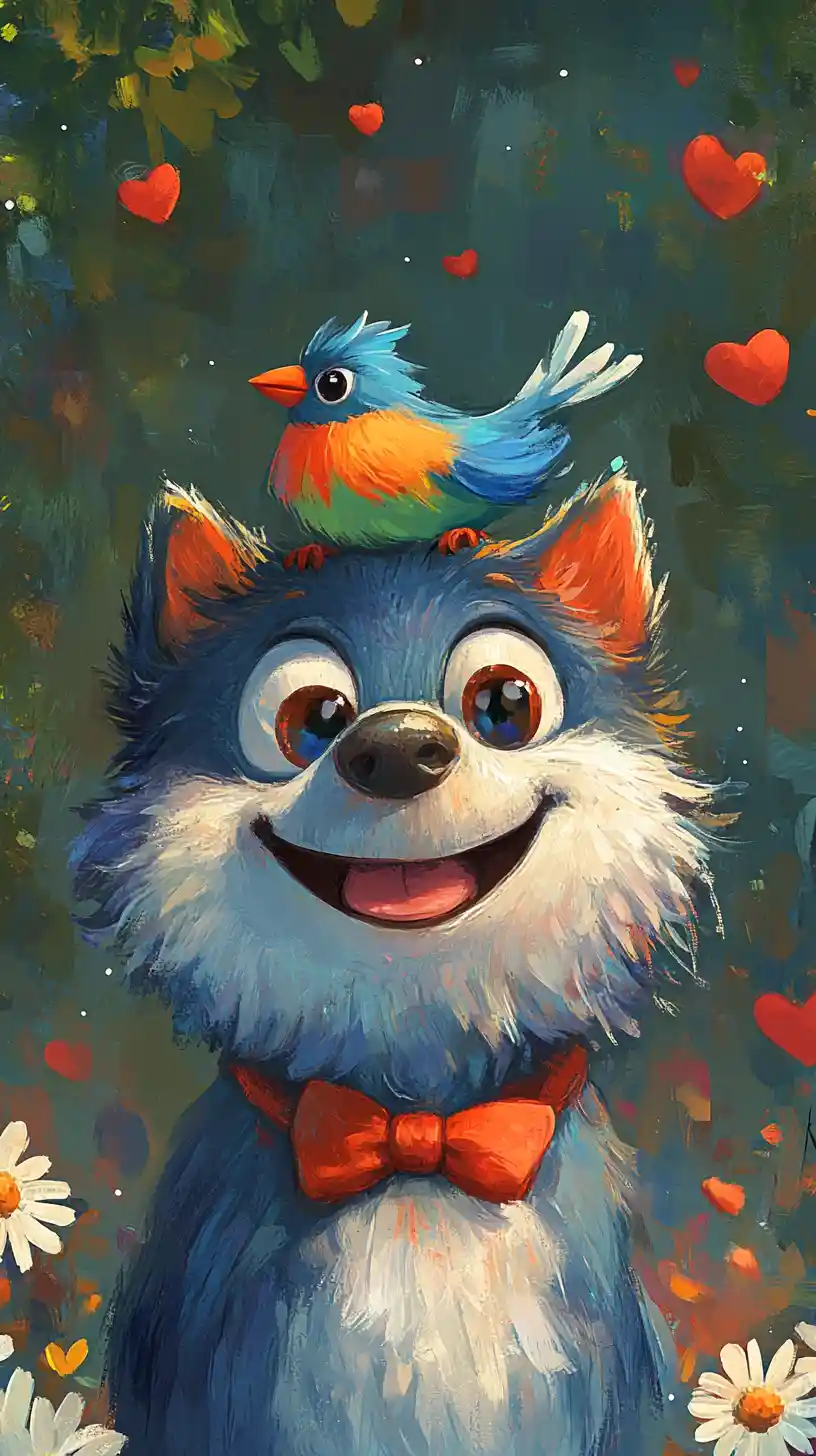 Smiling Cartoon Dog With Colorful Bird And Hearts