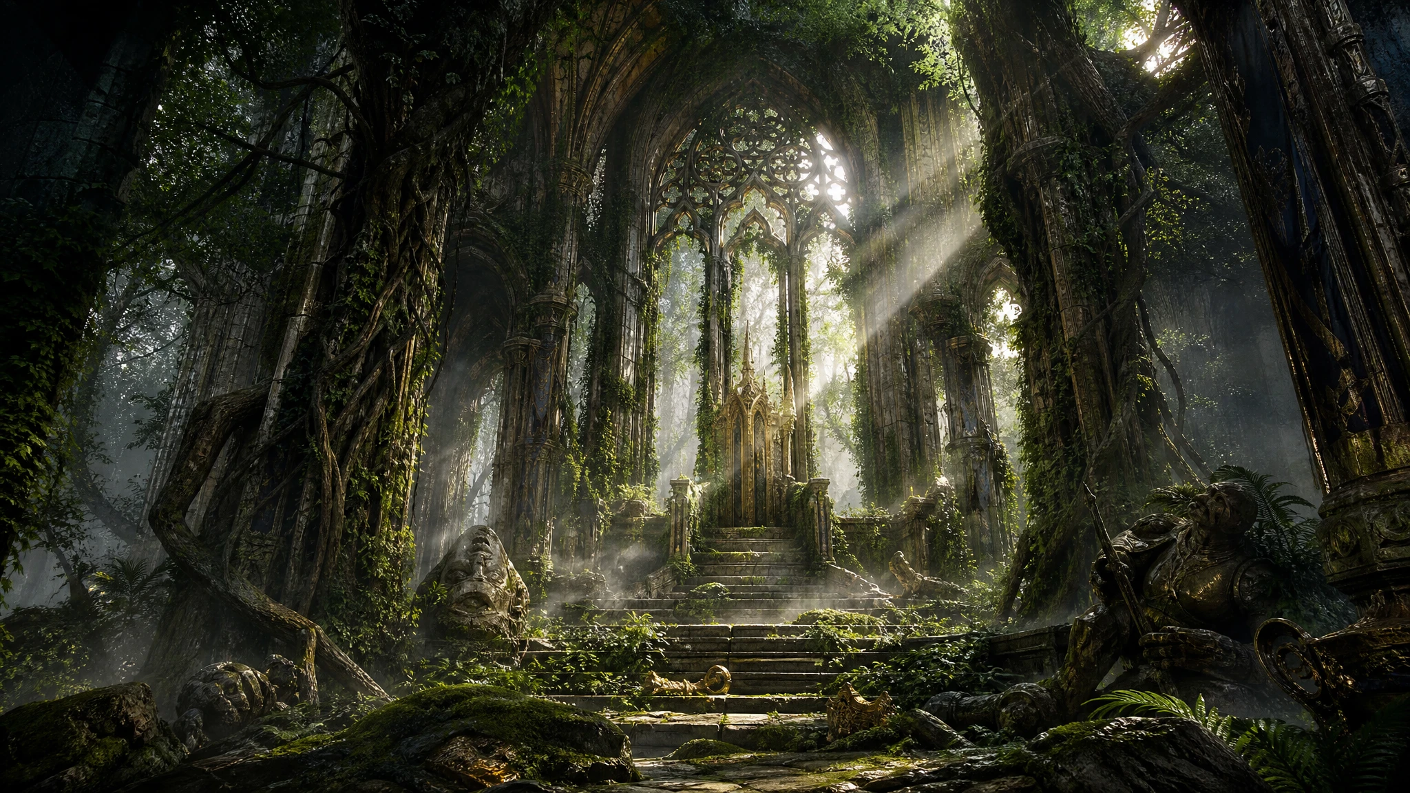Overgrown imperial throne room bathed in soft sunlight