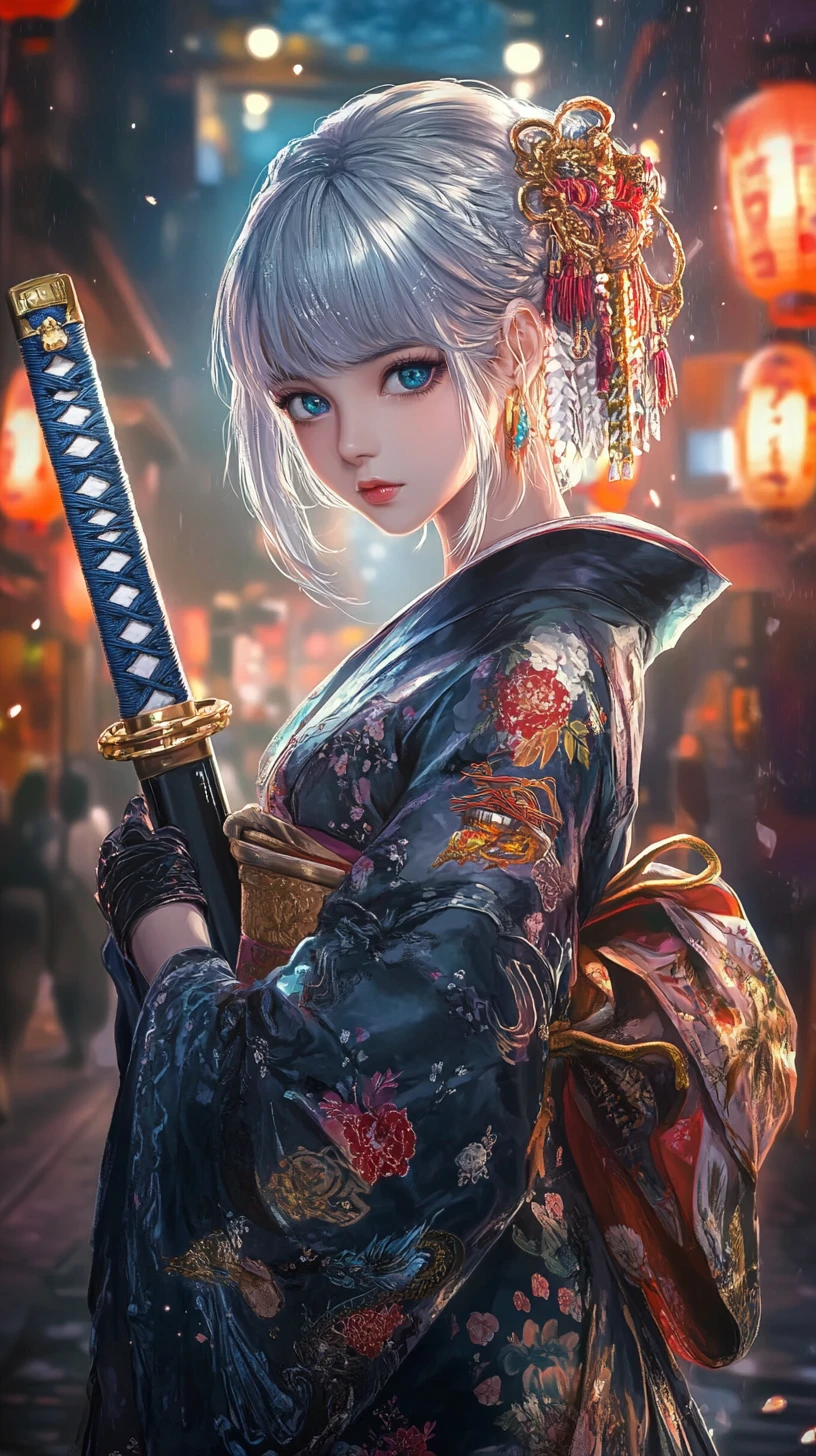 Anime swordswoman in dragon kimono on neon lit street