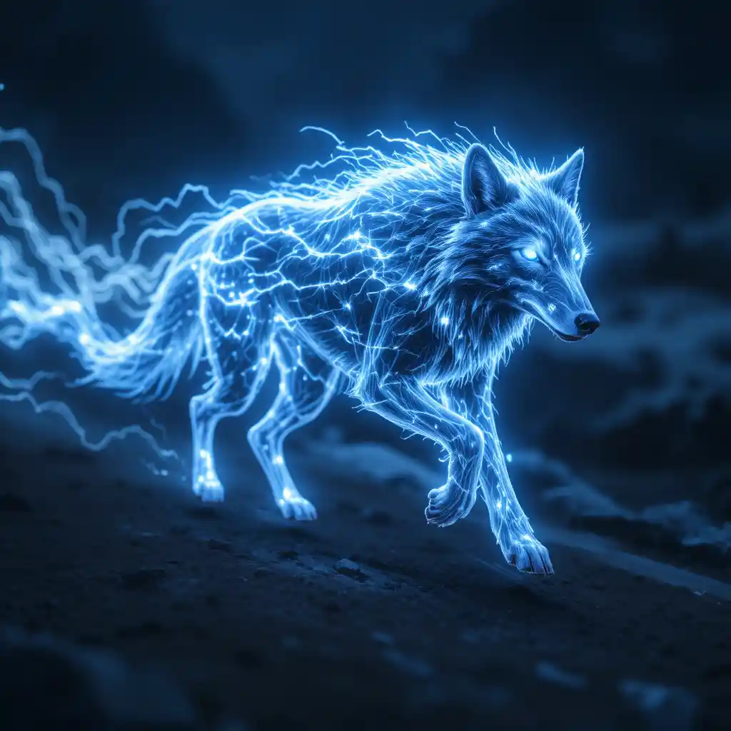 Running wolf with electric blue phantom trail of light